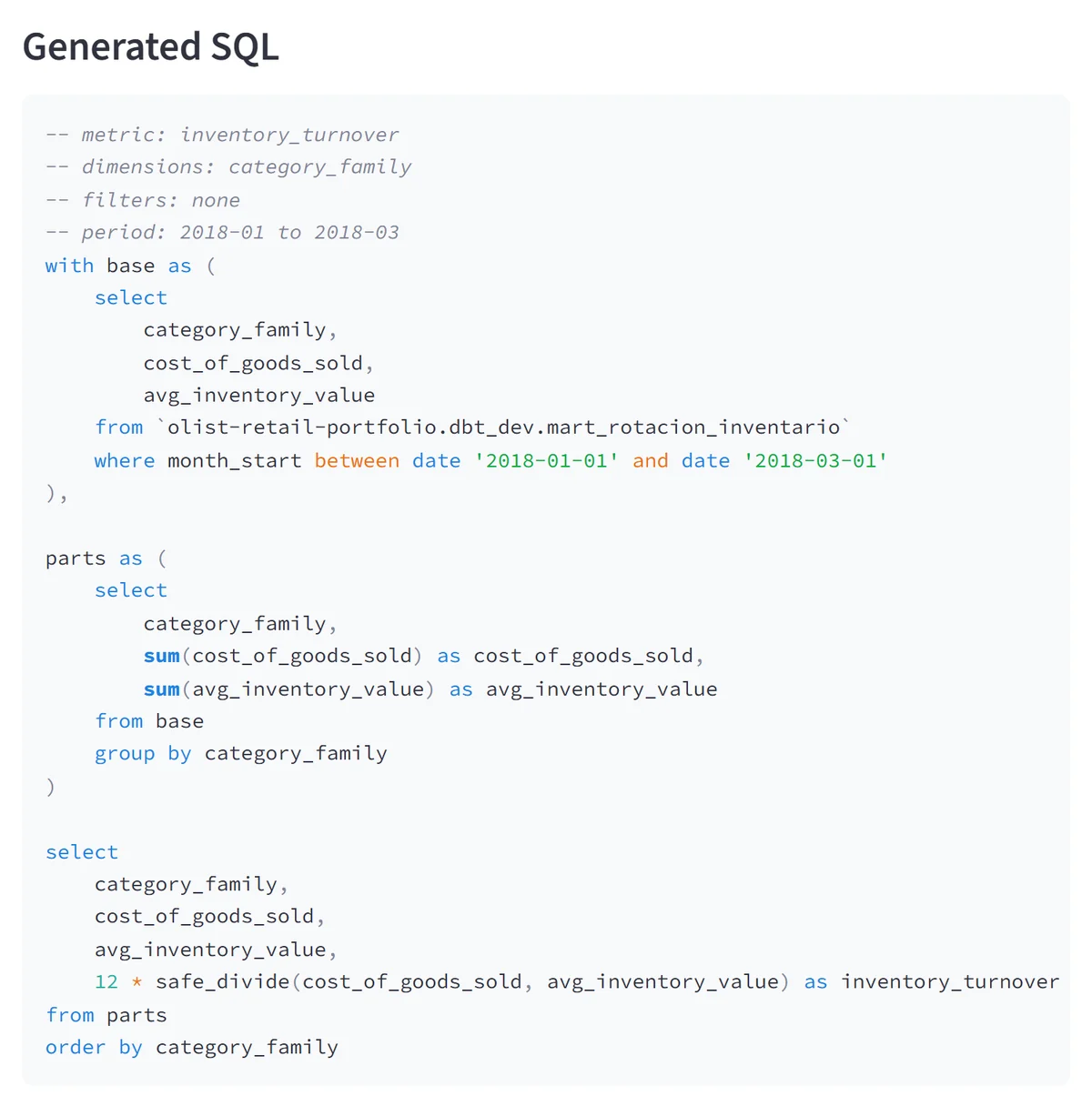Captura de la consulta SQL generada para la pregunta anterior, que suma el costo y el inventario promedio de cada familia y recién después calcula la rotación.